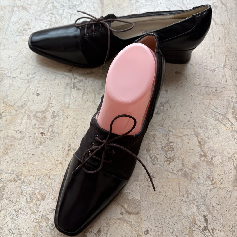 Vintage Brown Leather/Fabric Oxfords Blushe by Spiegel Block Heel Size 9B